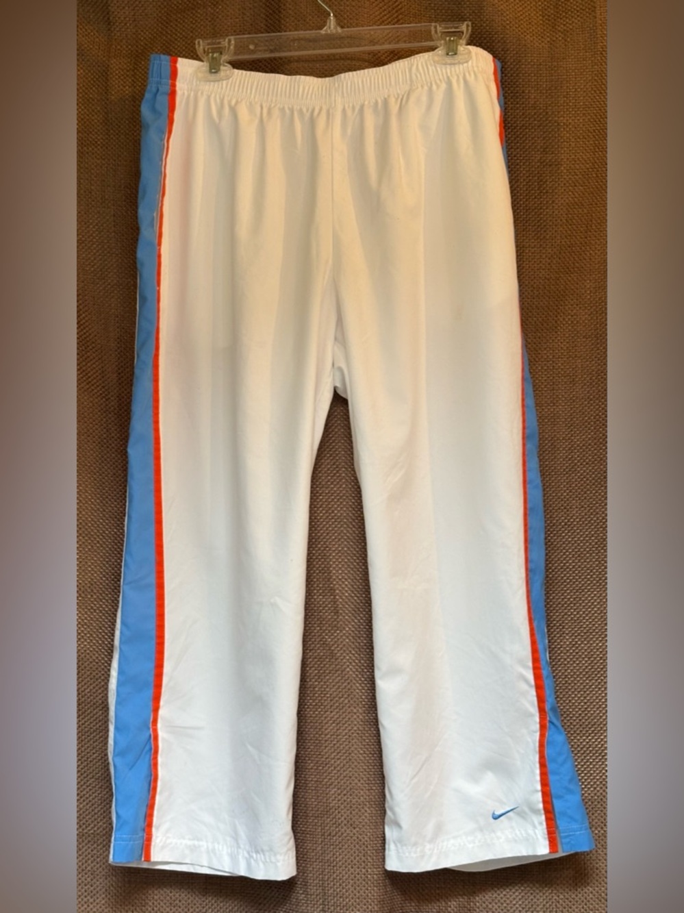 Nike Women’s White FitDry Track Pants with Blue Panels & Orange Trim